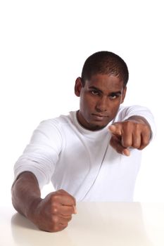 An attractive dark-skinned man during a heated debate. All on white background.