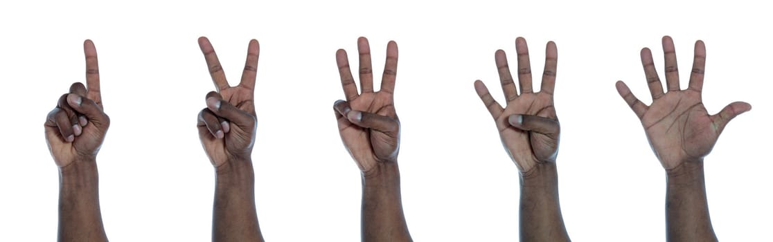 A dark-skinned hand counting from one to five. All on white background.