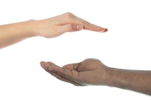 Two persons of different skin color reaching hands. All on white background.