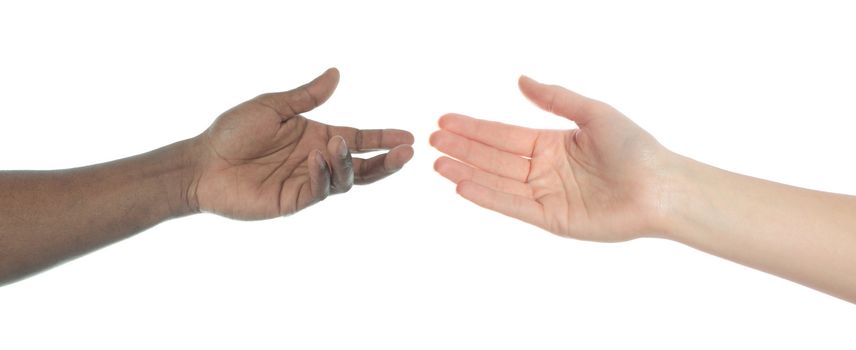 Two persons of different skin color reaching hands. All on white background.
