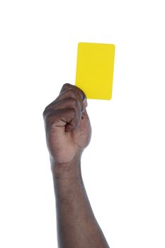 A dark-skinned human hand holding a yellow card as a symbol for anti-racism. All on white background.