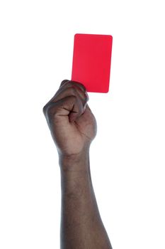 A dark-skinned human hand holding a red card as a symbol for anti-racism. All on white background.