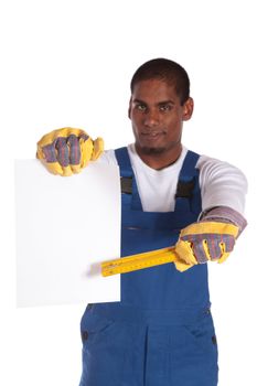 An attractive dark-skinned worker pointing at a blank sheet of paper. All on white background. Sheet kept blank for individual text.