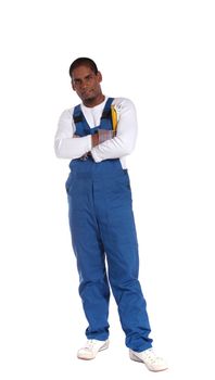 An ambitious dark-skinned worker standing. All on white background.