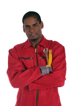 An ambitious dark-skinned worker. All on white background.