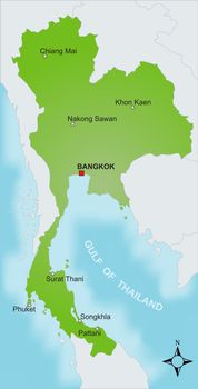 A stylized map of Thailand showing different cities and nearby countries.