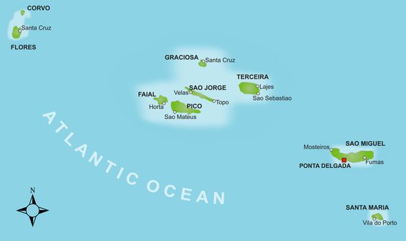 A stylized map of the Azores showing the different islands and several cities.
