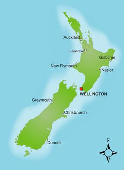 A stylized map of New Zealand showing different cities.