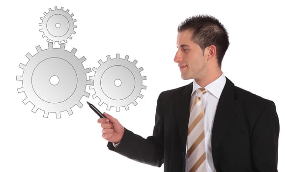 A handsome businessman explaining dependences. All on white background.