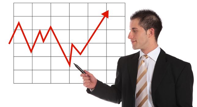 A handsome businessman presenting an annual balance report. All on white background.