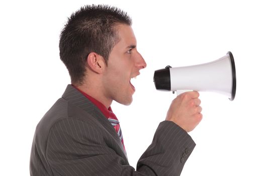 A handsome businessman using a megaphone. All on white background.