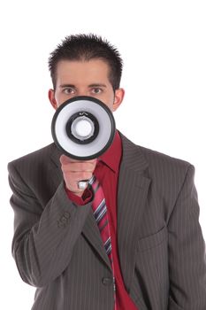 A handsome businessman using a megaphone. All on white background.