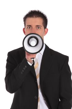 A handsome businessman using a megaphone. All on white background.