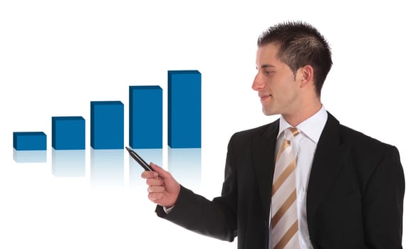 A handsome businessman presenting a positive bar graph. All on white background.