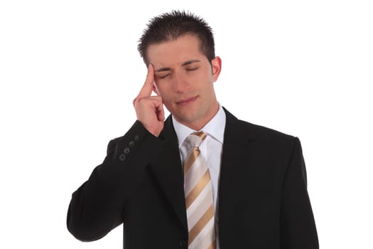 A handsome businessman suffering from headache. All on white background.