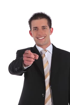 A handsome businessman pointing with finger. All on white background.