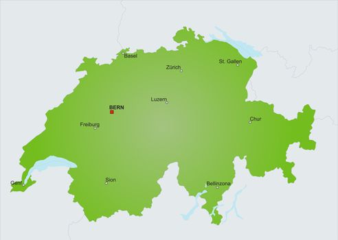 A stylized map of Switzerland showing different cities and nearby countries.