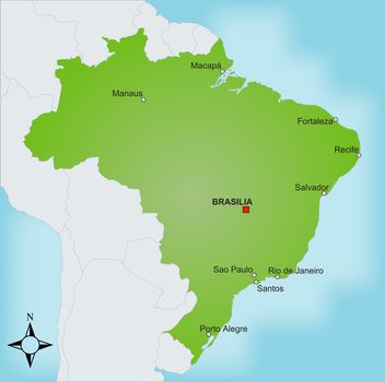 A stylized map of Brazil showing different cities and nearby countries.
