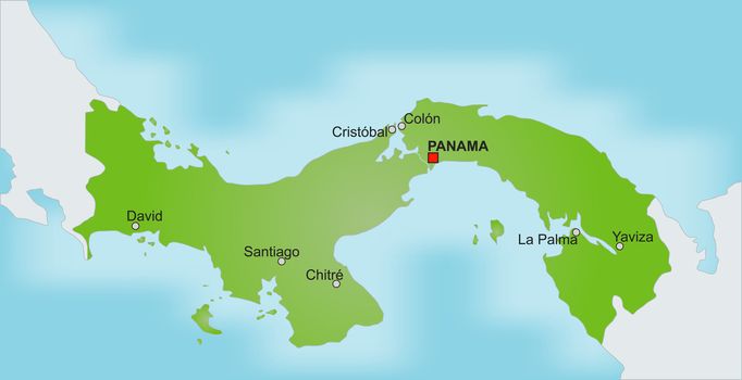 A stylized map of Panama showing the Panama channel, different cities and nearby countries.