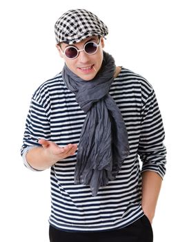 Young stylish talking in camera twister man in striped clothes isolated on white background