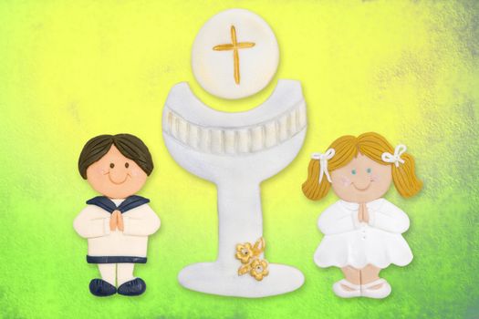 cheerful card first communion, child and chalice