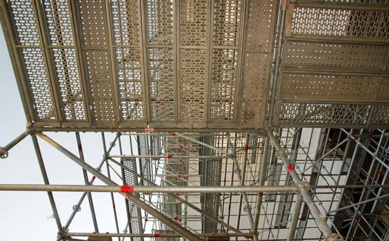 scaffolding from below, during the rehabilitation of a castle