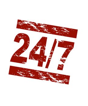 Stylized red stamp showing the term 24/7. All on white background.