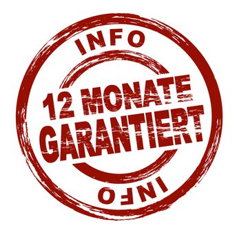 Stylized red stamp showing the German term 12 Monate garantiert (Engl.: 12 month guarantee). All on white background.