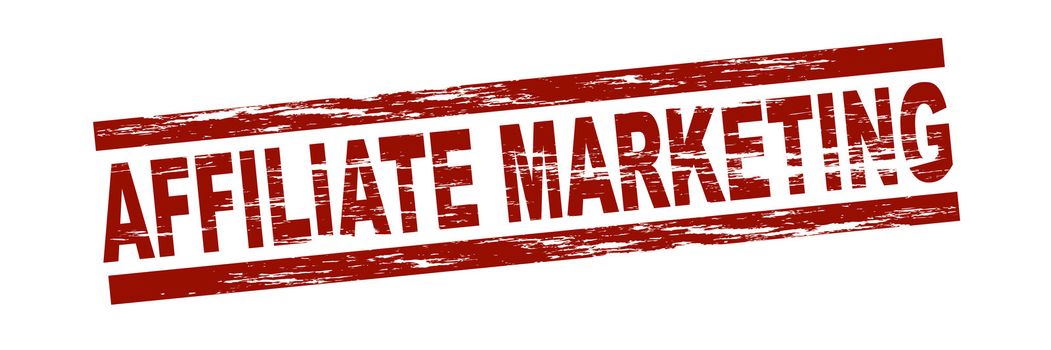 Stylized red stamp showing the term affiliate marketing. All on white background.