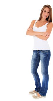 Full length shot of an attractive young woman. All on white background. Extra text space on the left.