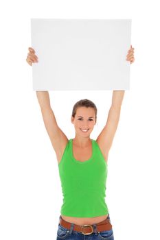 Attractive young woman holding blank white sign. All on white background.