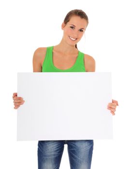 Attractive young woman holding blank white sign. All on white background.