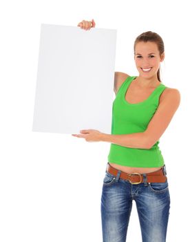 Attractive young woman holding blank white sign. All on white background.