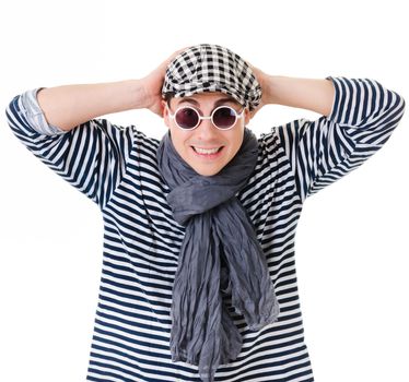 Young stylish twister man in striped clothes isolated on white background