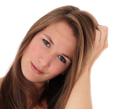 Attractive young woman deliberates a decision. All on white background.