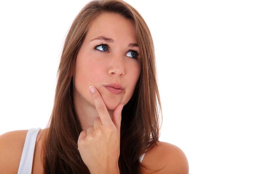 Attractive young woman deliberates a decision. All on white background.