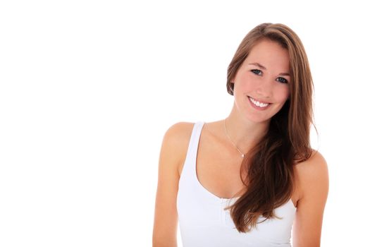 Attractive young woman. All on white background. Extra text space on the left.