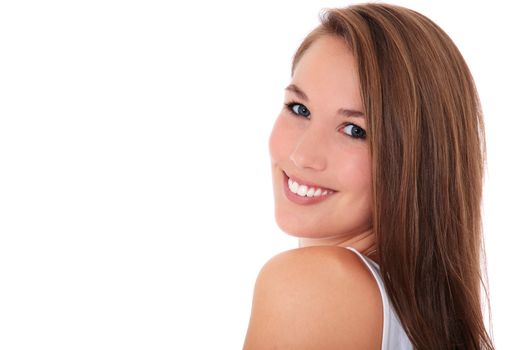 Attractive young woman. All on white background. Extra text space on the left.