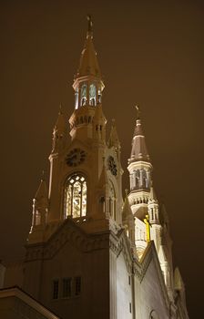 Saint Peter and Paul Catholic Church Steeples at night San Francisco California