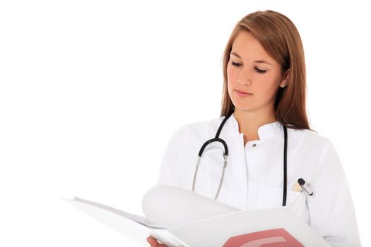 Attractive doctor checking clinical record. All on white background.