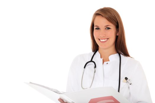 Attractive doctor holding clinical record. All on white background.