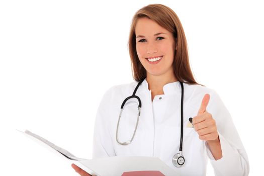 Attractive doctor showing thumbs up. All on white background.