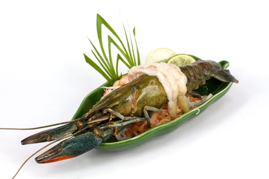 Sashimi lobster on green dish white background