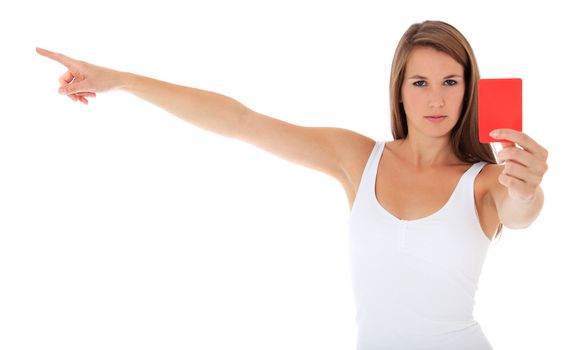 Attractive woman showing red card. All isolated on white background.