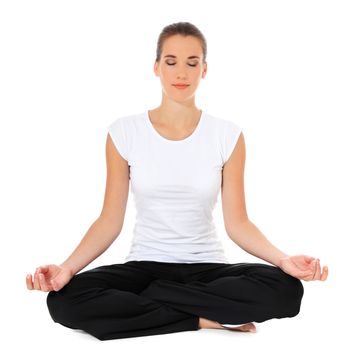 Attractive young woman in sports wear doing yoga. All on white background.