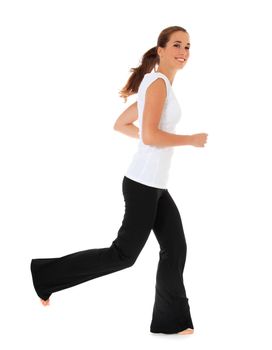 Attractive young woman running in sports wear. All on white background.