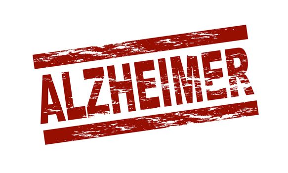 Stylized red stamp showing the german term Alzheimer. All on white background.