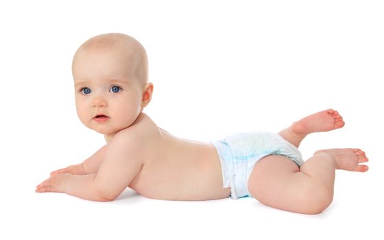 Newborn child crawling on the ground. All isolated on white background.