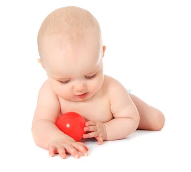 Newborn child playing with a red ball. All isolated on white background.