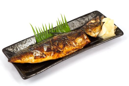 Japanese food style , Saba fish grilled the plate on white background